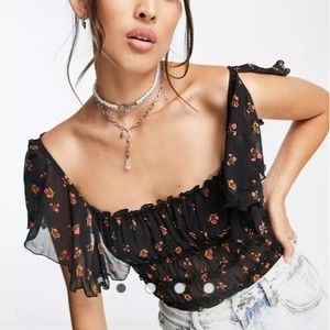 Free People Intimately juliet floral printed black ruffle bodysuit